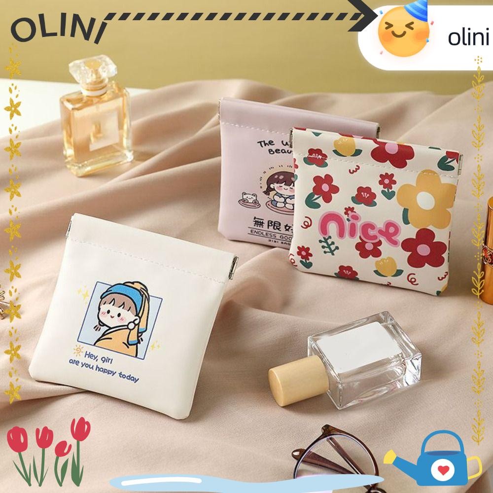 OLINI กระเป๋าลิปสติก, กระเป๋าเครื่องสําอางขนาดเล็กปิดอัตโนมัติแบบพกพา, กระเป๋าแต่งหน้าหนัง Pu นุ่มลายการ์ตูน