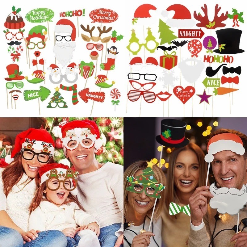 50 ชิ้นกระดาษคริสต์มาส PhotoBooth Props 2025 Merry Christmas Party Santa Claus Xmas Tree Elk กระดาษ Photo Prop ปีใหม่ตกแต่งคริสต์มาส
