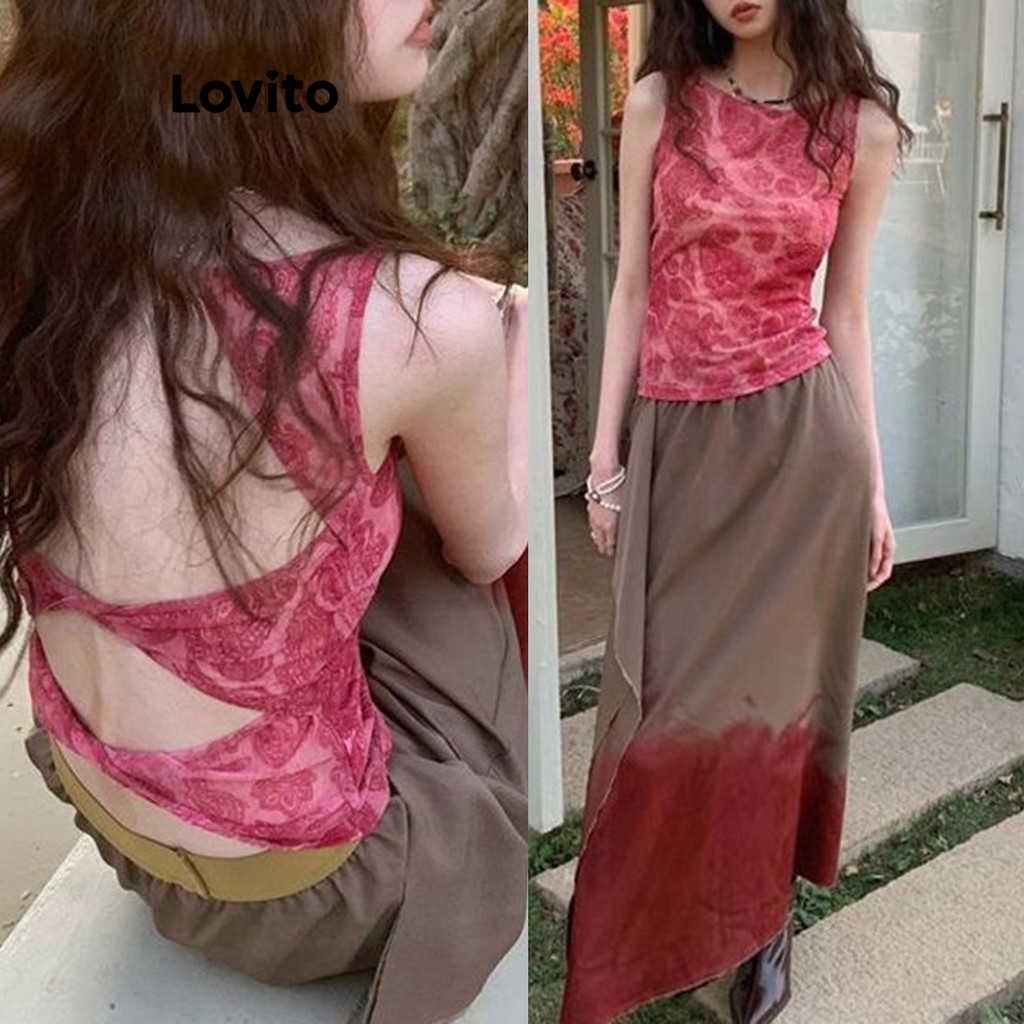 Lovito เสื้อแขนกุดผู้หญิง สีมัดย้อม คัทเอ้าท์ สไตล์ลำลอง LNA60075