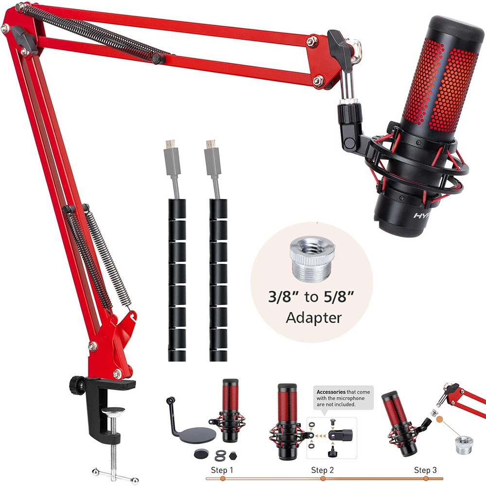 แขนบูมไมโครโฟน - แขนบูมสีแดงอัพเกรดสําหรับ HyperX QuadCast HyperX QuadCast ไมโครโฟนพร้อมอะแดปเตอร์ 3