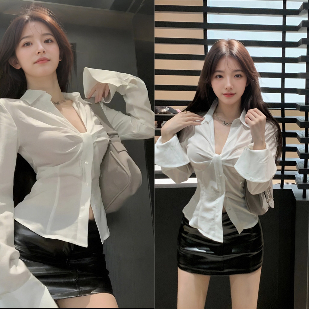 เสื้อเชิ้ตแขนยาวสีขาวสไตล์เกาหลี แต่งจับจีบและระบายตรงแขน คอวีเซ็กซี่สำหรับผู้หญิง ทรงสลิมฟิต