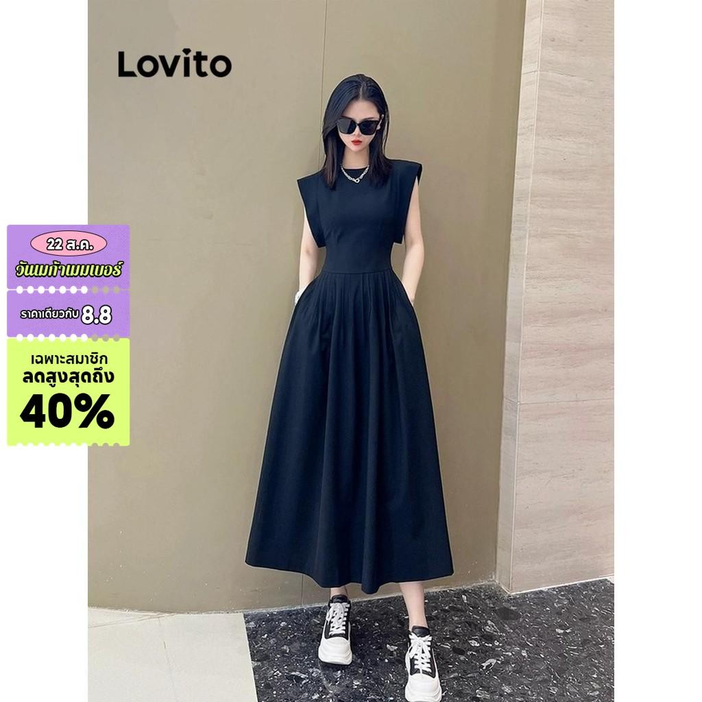 Lovito ชุดเดรสผู้หญิง แต่งกระเป๋า แต่งจีบ สีพื้น สไตล์ลำลอง LNE59300