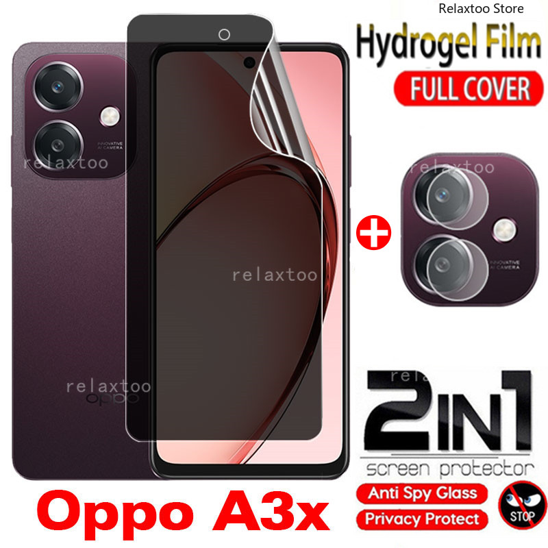 Oppo A3X 5G 2in1 หน้าจอความเป็นส่วนตัว Soft Hydrogel ฟิล์มสําหรับ OPPO A3X A3Pro A3 X Pro OPPOA3Pro OPPOA3x 4G 5G 2024 คลุมทั้งหมด Anti Spy Hydrogel หน้าจอด้านหน้าเลนส์กล้องปกป้องฟิล์มโทรศัพท์