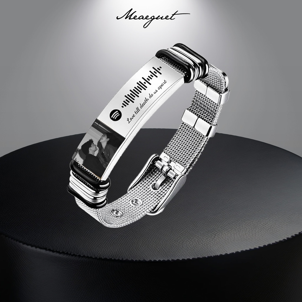 Meaeguet ส่วนบุคคลภาพข้อความสร้อยข้อมือสําหรับผู้ชายผู้หญิง,เพลงที่กําหนดเองสแกนรหัสสร้อยข้อมือคู่ของขวัญ