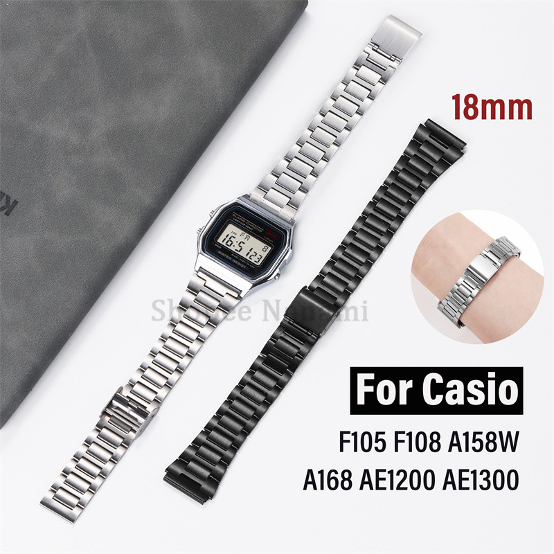 18 มม.สายนาฬิกาสแตนเลสสําหรับ Casio F-91W F105/108/A158W/168 AE1200/1300 Universal โลหะบางนาฬิกาสีเงินสร้อยข้อมือสีดํา