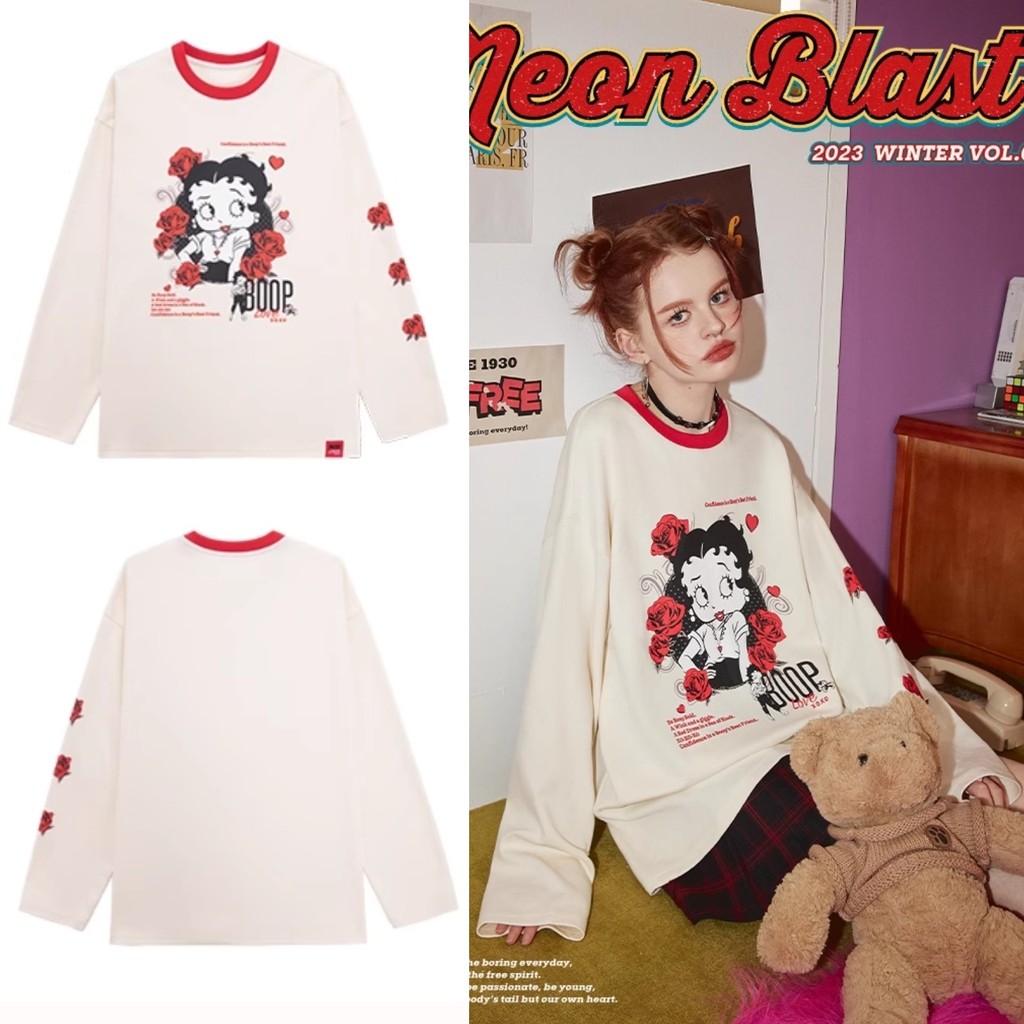 Betty BOOP เสื้อยืดแขนยาวสไตล์อเมริกันRetro Oversizeเสื้อยืดแขนยาวหลวมฤดูใบไม้ร่วงStreetสวมใส่สําหรับผู้ชายและผู้หญิงHottrend 2024
