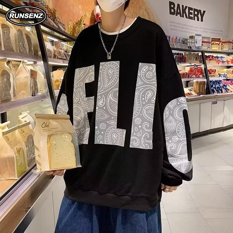 M-8xl เกาหลีแฟชั่นตัวอักษรเสื้อกันหนาวผู้ชาย Plus ขนาดหลวมสบายๆแขนยาว Oversize T เสื้อ