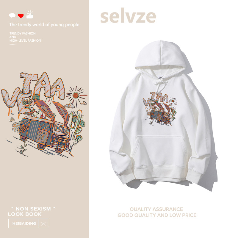 SELVZE（จัดส่งตลอด 24 ชั่วโมง） Printed Hoodie，การ์ตูนวินเทจพิมพ์บางเสื้อฮู้ดแขนยาว C000039