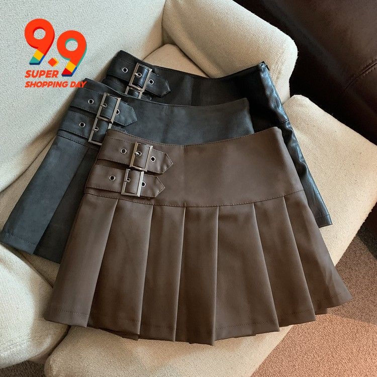 Ready Stock กระโปรงหนัง ขนาดเล็ก สีกาแฟ กระโปรงพลีท ทรงเอ เอวสูง เข้ารูป สไตล์ใหม่ กระโปรง หนัง PU แฟชั่น สาวฮอต เซ็กซี่
