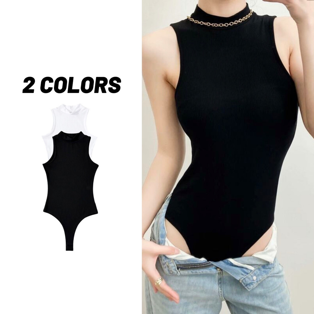Sale80% บอดี้สูทแขนกุด ทรงคอสูง 2 สี ขาวดำ เป้ากระดุมแป๊ก