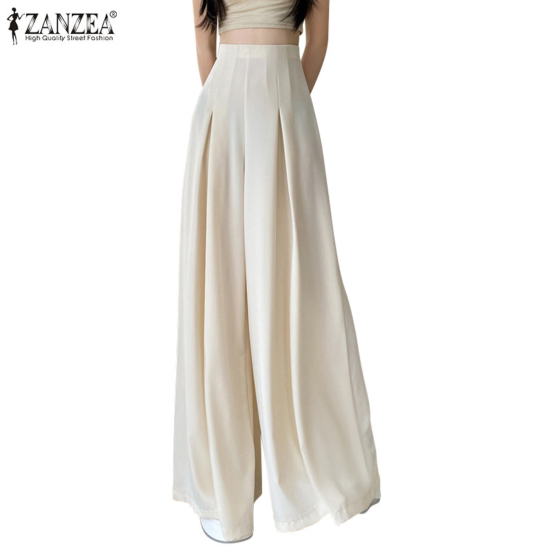 ZANZEA ใส่ ซานเซีย ผู้หญิงเกาหลีสีทึบจีบซิปกางเกงขากว้างเอวสูง