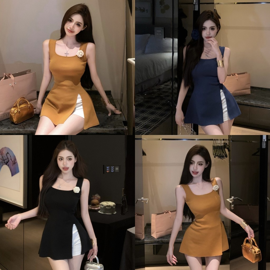 Evelyn​ เสื้อกล้ามไหมพรมทรงยาว ปลายแหวก น่ารักมาก แถมเข็ดกัดดอกไม้ สีพื้น เสื้อแขนกุด สไตล์เกาหลี ใส่สบาย#M5K88