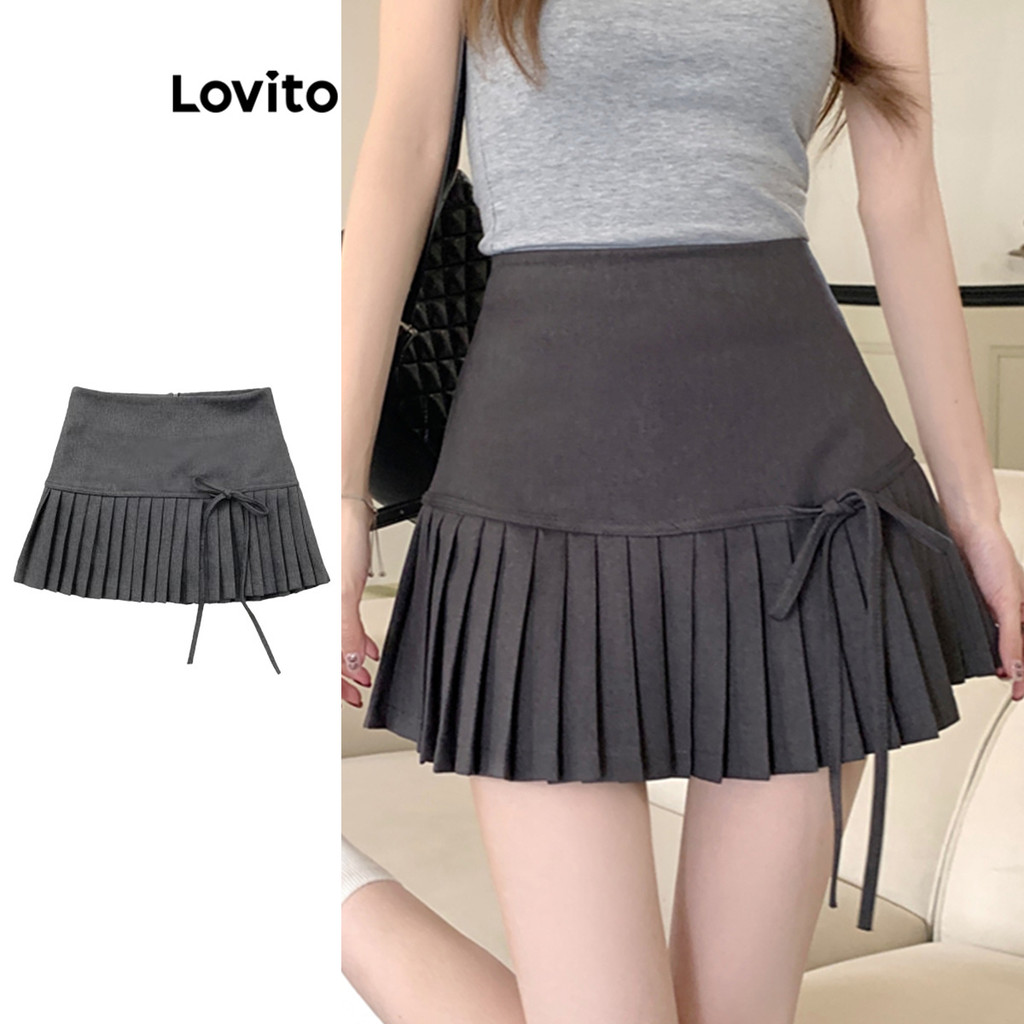 Lovito กระโปรงจีบธรรมดาลำลองสำหรับผู้หญิง LNA75711