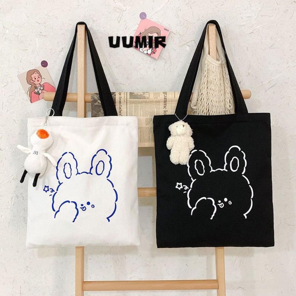 UUMIR กระเป๋าผ้าใบกระเป๋าสะพายไหล่พิมพ์ลายน่ารักทรงสี่เหลี่ยมกระเป๋ามือถือความจุขนาดใหญ่สีทึบ