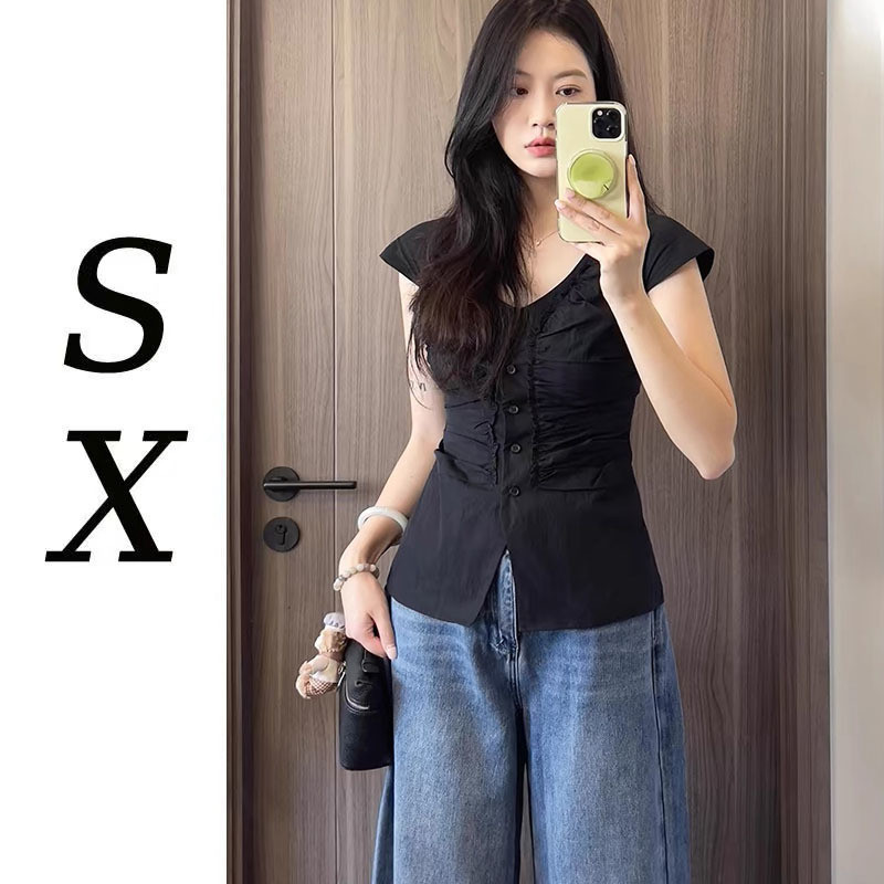 SX เสื้อเชิ้ตคอวีสไตล์เกาหลีแขนเล็กจับจีบสำหรับผู้หญิงเสื้อตัวเล็กเก๋ไม่ซ้ำใครในช่วงฤดูร้อนเสื้อแฟชั่นแมทช์ลุคง่าย