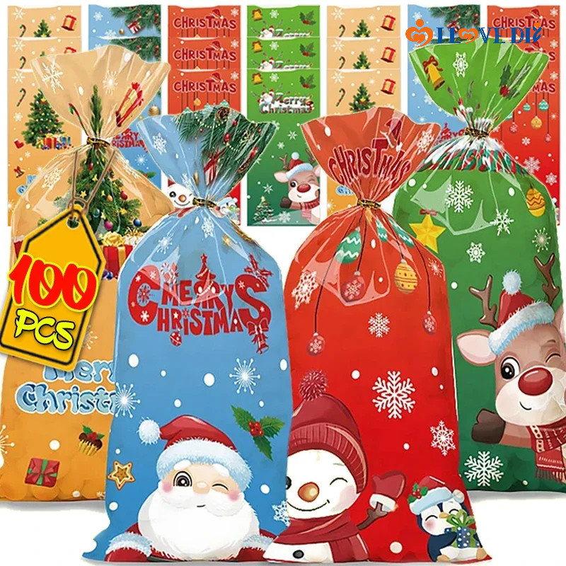 100/50 ชิ้น Xmas Tree Santa Claus การ์ตูนรูปแบบถุงของขวัญ - DIY คุกกี้บิสกิตบรรจุภัณฑ์ถุง - Christmas Party Candy กระเป๋า