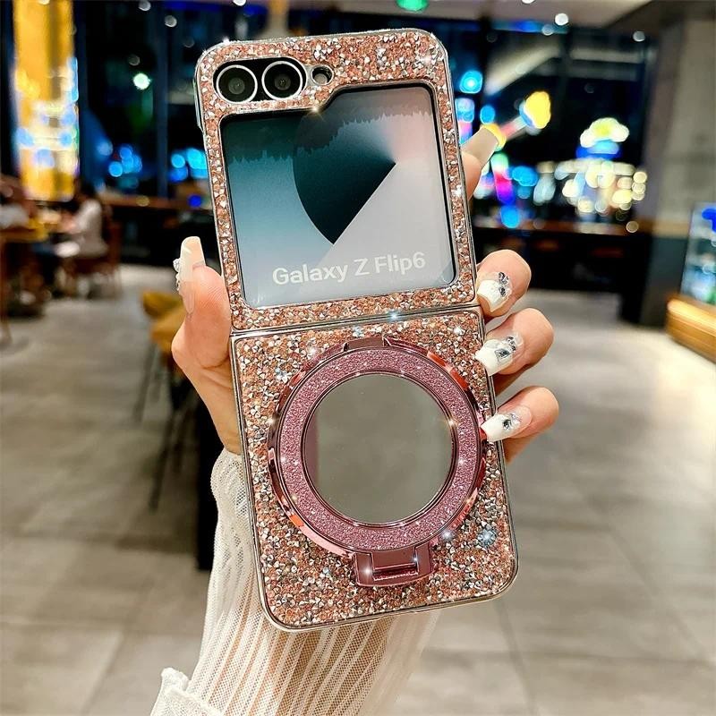 SAMSUNG Electroplated Mirror Bracketเคสโทรศัพท์สําหรับSamsung Galaxy Z Flip 6 5 4 3 Flip3 Flip4 Flip5 Flip6 5Gฝาครอบป้องกันหนัง