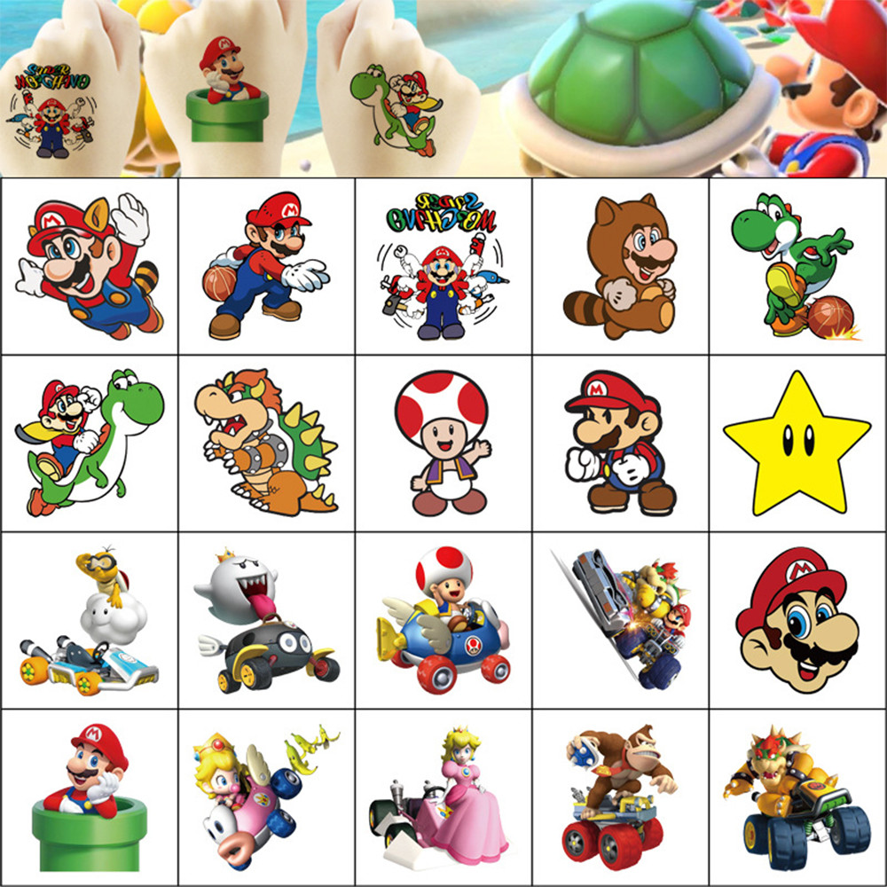20 ชิ้น/เซ็ต Super Mario Bros สติ๊กเกอร์รอยสักชั่วคราว Kawaii Luigi Yoshi รูป Decals ของเล่น