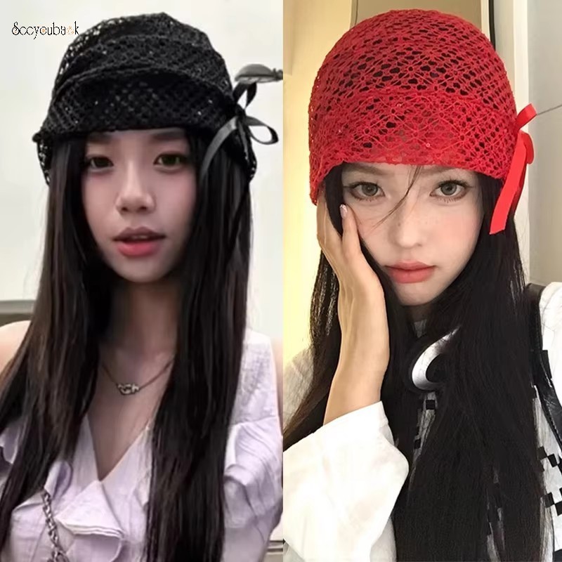 หญิงสาวลูกไม้ถักหมวกฤดูใบไม้ผลิฤดูใบไม้ร่วงฤดูร้อนสบายๆหมวกกะโหลกy2kแฟชั่นโบว์ออกแบบhollow Breathable Beanies