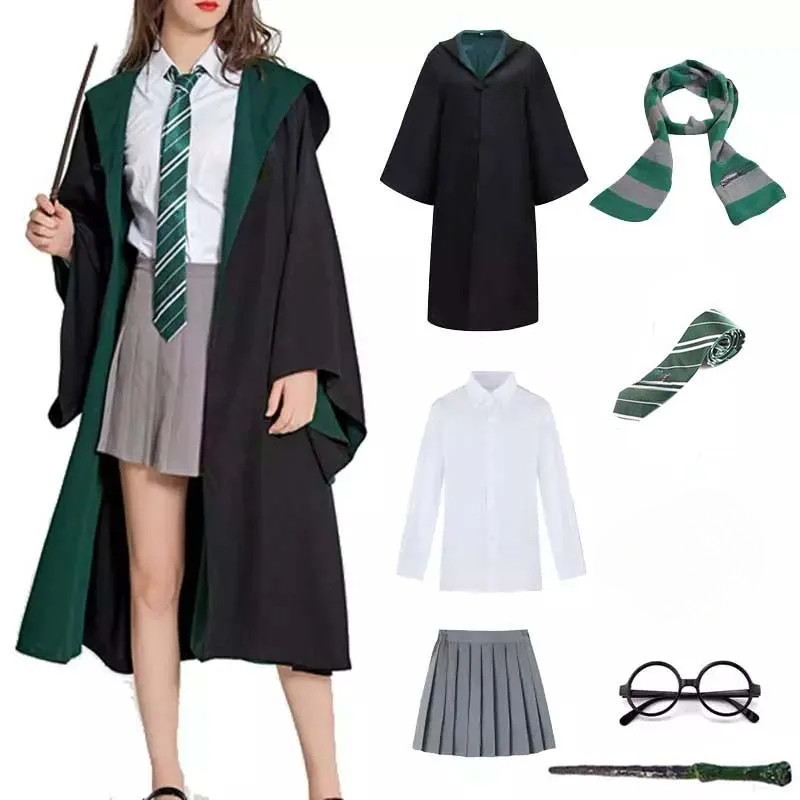 7 ชิ้นเด็กผู้ใหญ่ Slytherin Robe เสื้อคลุมเครื่องแต่งกายสําหรับเด็กผู้ชายผู้หญิง Magic ชุดนักเรียน