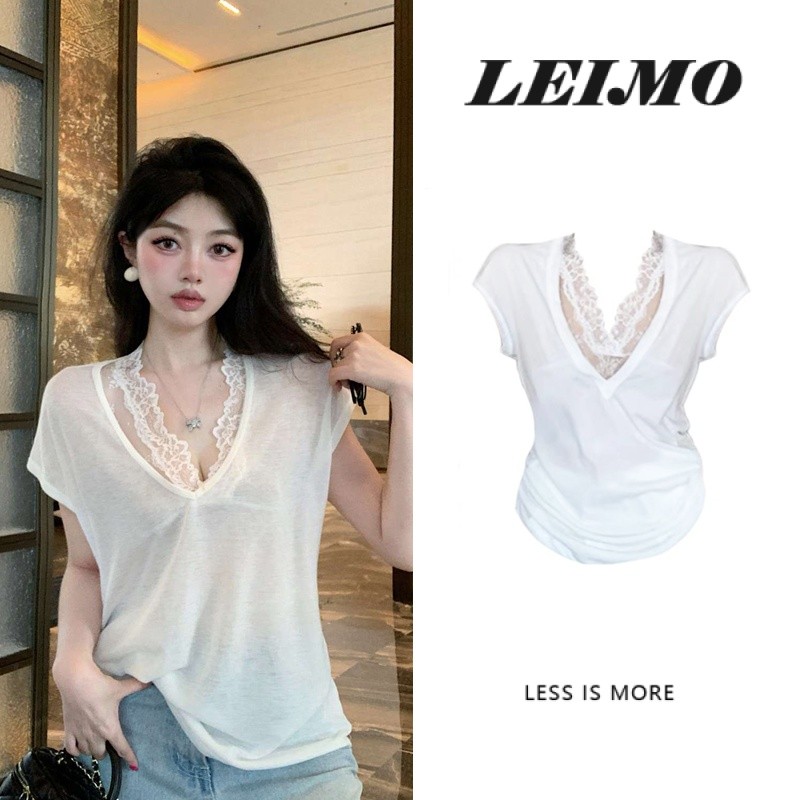 เสื้อยืดแขนสั้นคอวีทรงหลวมสำหรับผู้หญิงเสื้อกล้ามซับในลูกไม้สำหรับฤดูร้อนชุดสองชิ้นสายเดี่ยวขนาดเล็ก