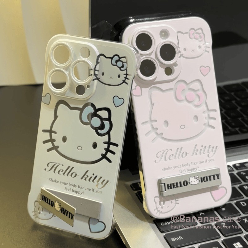 Iphone 16 15 14 13 12 11 Pro Max X Xr Xs Max 7 8 Plus SE2020 เคสโทรศัพท์น่ารัก Hello KT Cat + ขาตั้งโลหะปกแข็ง