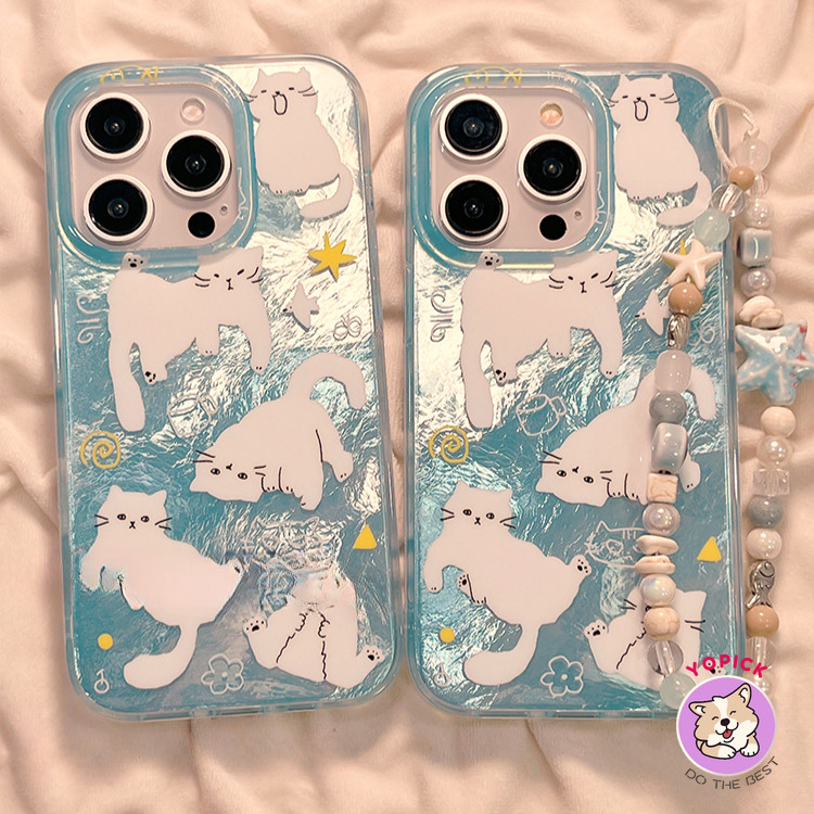 น่ารักแมวสีขาวสําหรับ IPhone 11 12 13Pro Max 14Plus XR XS Max 7 8 Plus SE2020 การ์ตูนฝาครอบโทรศัพท์สําหรับ IPhone 15Pro Max Pentagram Chain นุ่มกรณีเพื่อนสาว BC