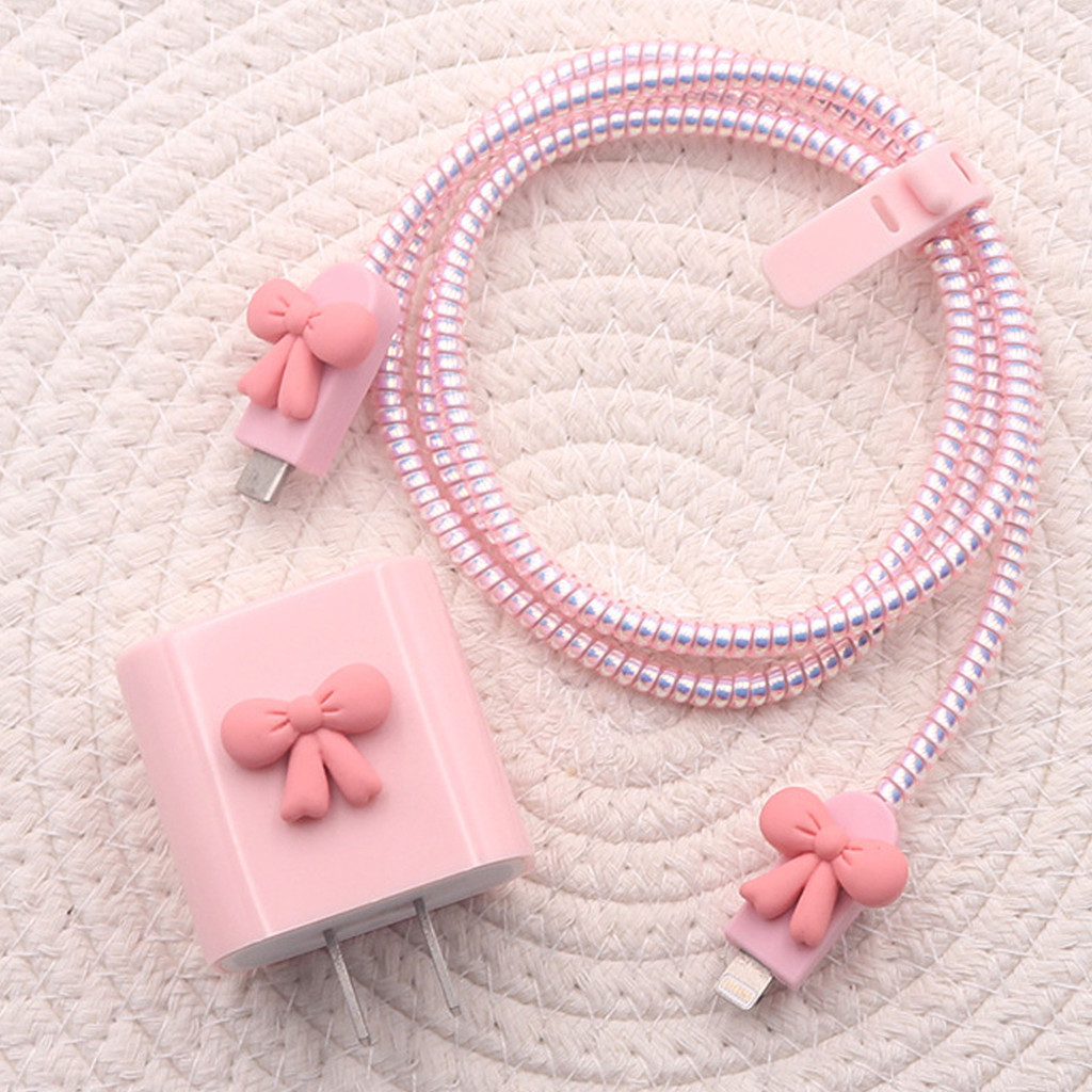 โบว์สีชมพูน่ารัก 18w/20w ชุดตัวป้องกันเครื่องชาร์จเคสชาร์จตัวป้องกันสายเคเบิลเข้ากันได้สําหรับ iPhone11 12 13 14pro max