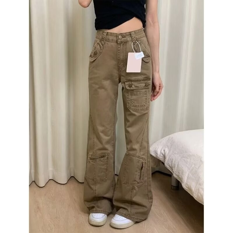 American High Street สีกากีโดยรวมกางเกงยีนส์ผู้หญิง 2026 ฤดูใบไม้ผลิใหม่สไตล์ Distressed Straight Wide-Leg Mopping กางเกงอินเทรนด์