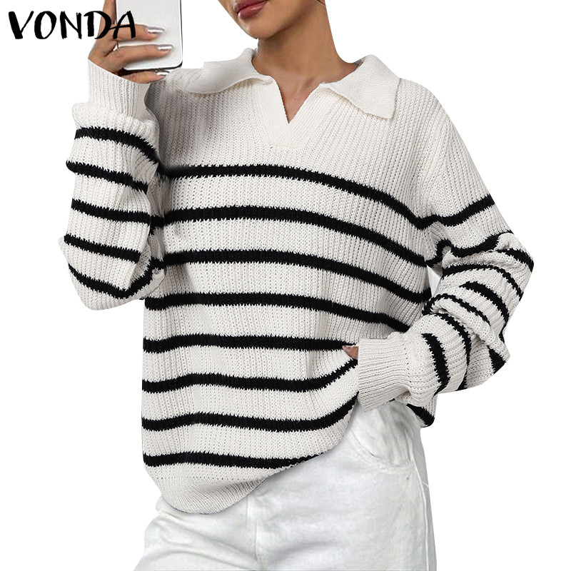 Vonda เสื้อสเวตเตอร์แขนยาวลายทางสไตล์เกาหลีสําหรับผู้หญิง