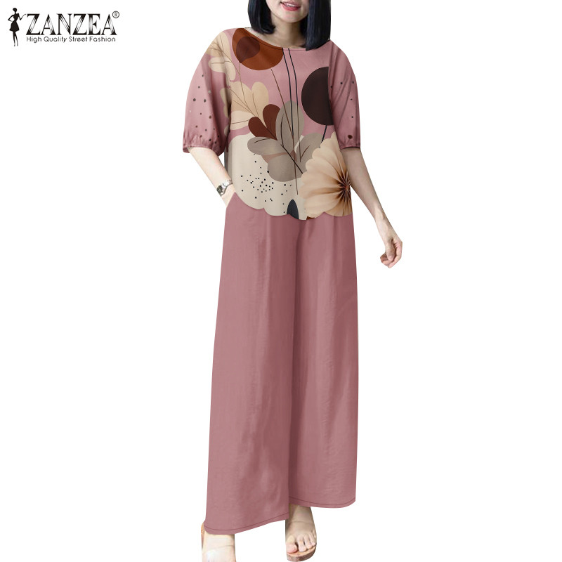 ZANZEA ซานเซีย ผู้หญิงเกาหลีคอกลมแขนโคมไฟเอวยางยืดกับกระเป๋ากางเกงขากว้างสูท