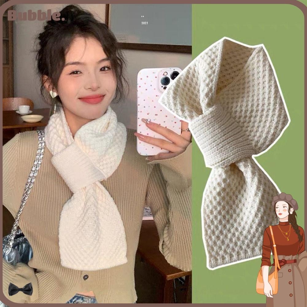 Bubble Cross Scarf, ผ้าพันคอถักสีทึบ, ฤดูหนาวที่อบอุ่น Neckerchief Wrap Girls