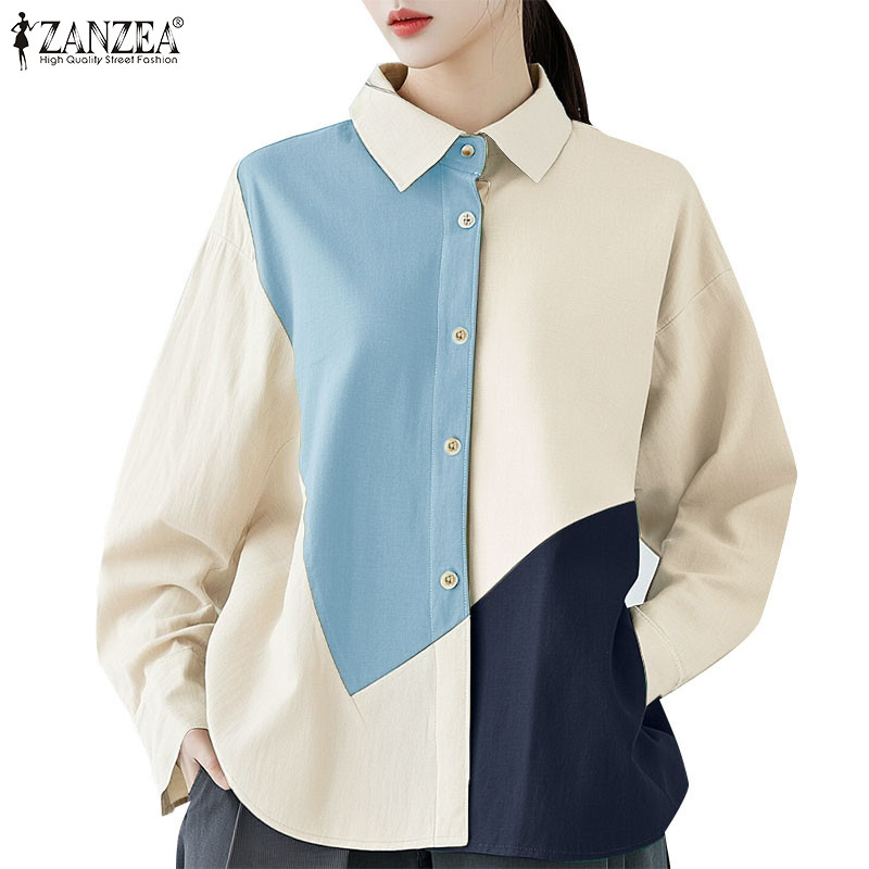 Zanzea ผู้หญิงเกาหลีลําลองไม่สม่ําเสมอ Patchwork สีปิดกั้นเสื้อแขนยาว
