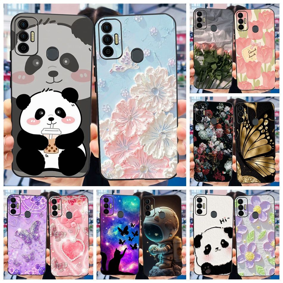 Tecno Spark 7 7T 7Pro Spark7 Pro KF6 KF6j KF6p K7j กรณี Soft TPU ซิลิโคนสีดําน่ารัก Panda การ์ตูนเคสโทรศัพท์