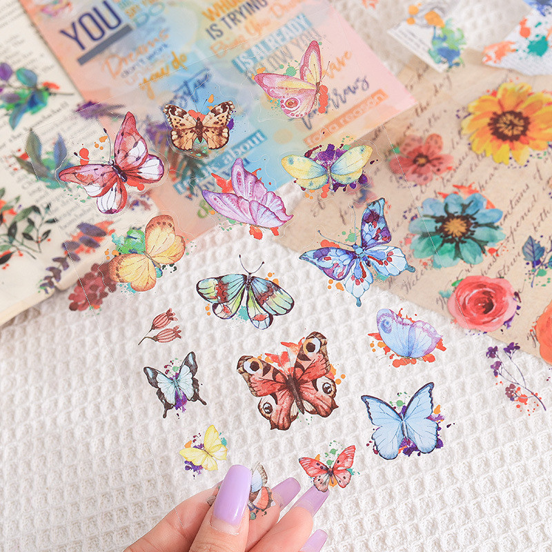 Journamm 6 แผ่นผีเสื้อสติกเกอร์พืช PET วัสดุ DIY Scrapbooking Art Collage เครื่องเขียน Planner Decor สติกเกอร์ไดอารี่