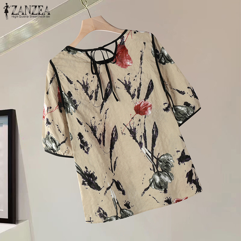 Zanzea เสื้อเบลาส์ครึ่งแขน O-Neck Colorblocked Trim Tie สําหรับผู้หญิงเกาหลี