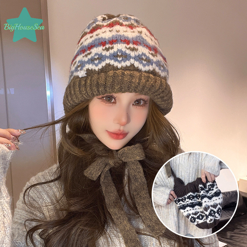 [BigHouseSea] Retro ลายสก๊อตถัก Beanies หมวกผู้หญิงฤดูใบไม้ร่วงและฤดูหนาว Travel Warm Casual อเนกประสงค์เกาหลี Balaclava หมวกใหม่