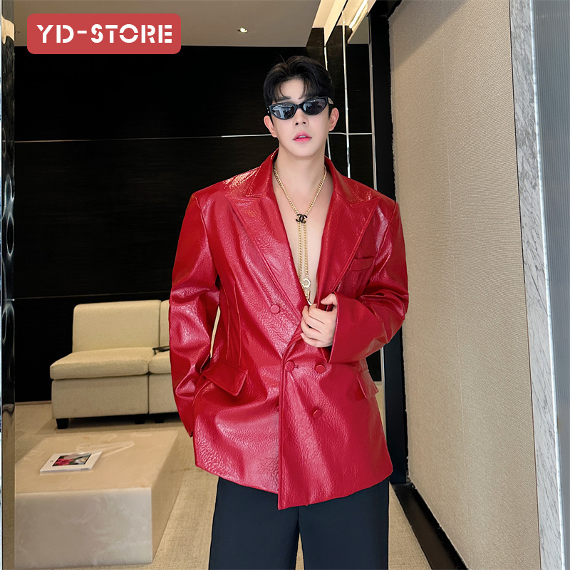 Niche แฟชั่นหนังจระเข้เนื้อไหล่แผ่นหนังเงาสีแดง Slim-fit หล่อเสื้อสูทหนังชายนักร้องเสื้อผ้าประสิทธิภาพ ราคา ถูกที่สุด ดีลบีเคเค รูปภาพหลัก