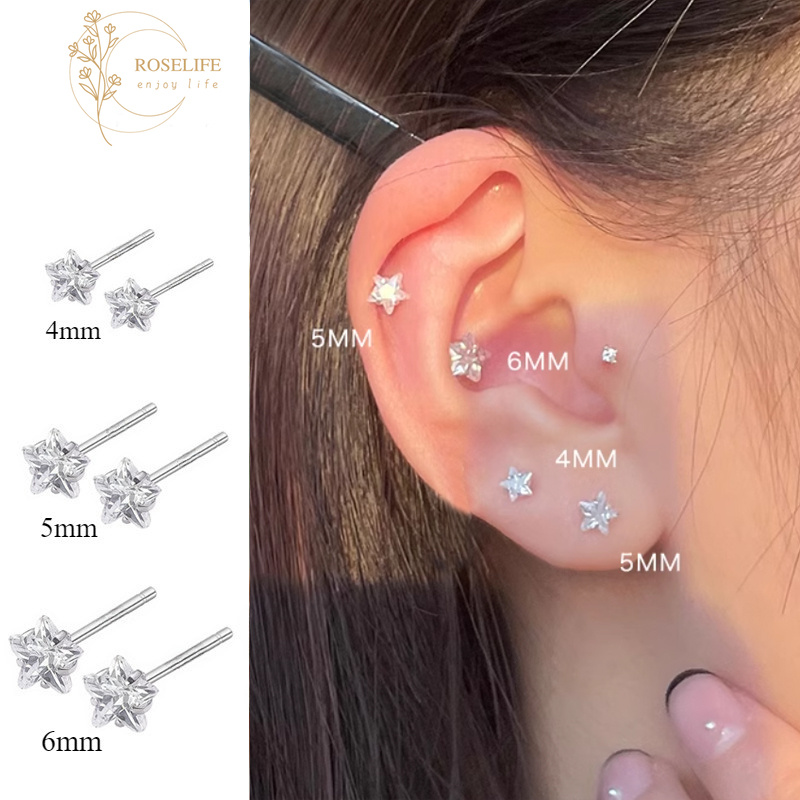 Roselife 2 PCS เงินเกาหลี Shining 3D Rhinestone Star Piercing Stud ต่างหูสําหรับผู้หญิงหญิงแฟชั่นZirconหูเครื่องประดับอุปกรณ์เสริม