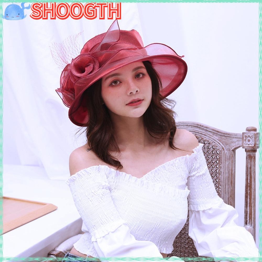 Shoogth หมวกแต่งงาน, ดอกไม้ตาข่าย Ruffles Sunhats, ครีมกันแดดปีกกว้างหรูหรา Organza หมวกวินเทจฝรั่งเศส