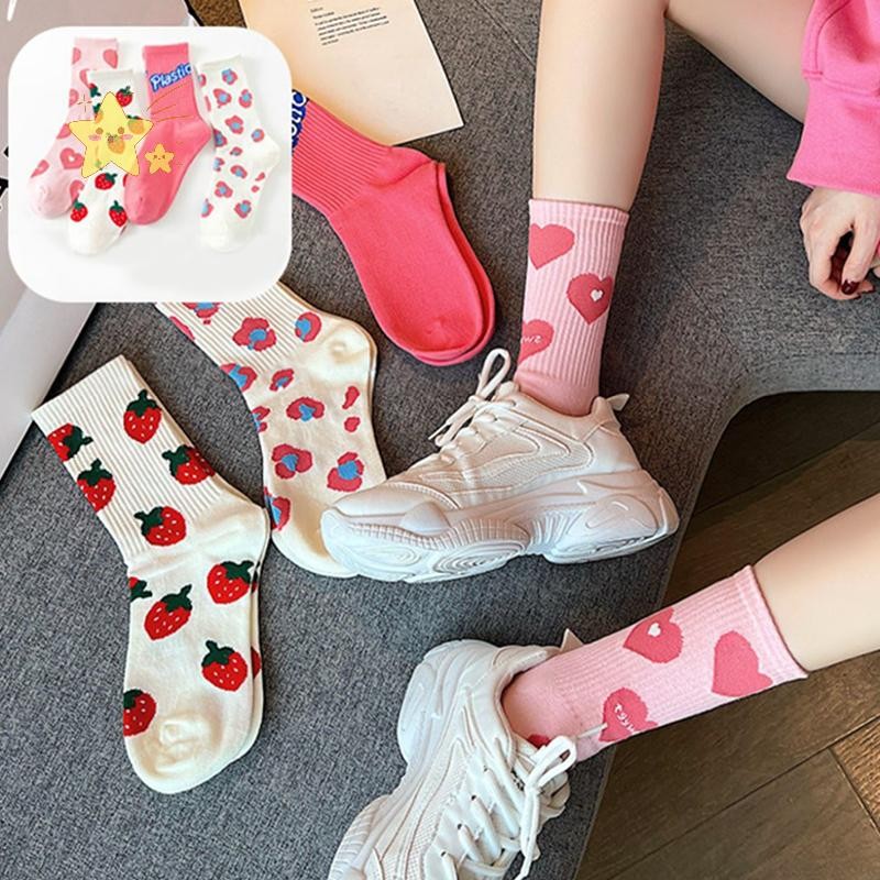 [JBTH] น่ารักฮาราจูกุสตรอเบอร์รี่รักถุงเท้าหวานกลางหลอดระบายอากาศแฟชั่นฤดูใบไม้ร่วงและฤดูหนาวถุงเท้าลําลอง [JB]