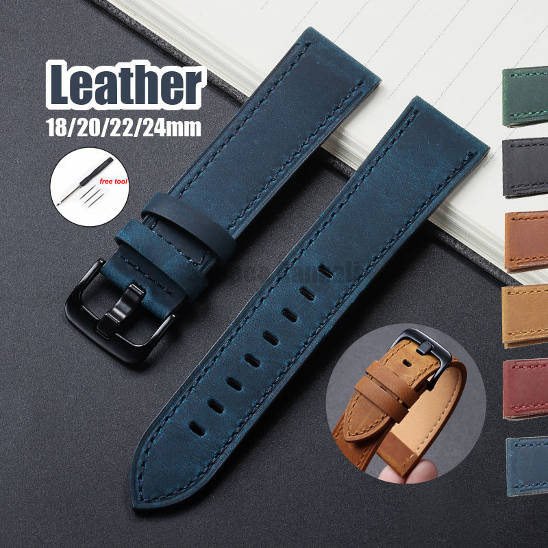 18 มม.20 มม.22 มม.24 มม.สายนาฬิกาหนังแท้ Vintage Retro Horsehide สร้อยข้อมือผู้หญิงผู้ชาย Universal เปลี่ยน Wristbelt