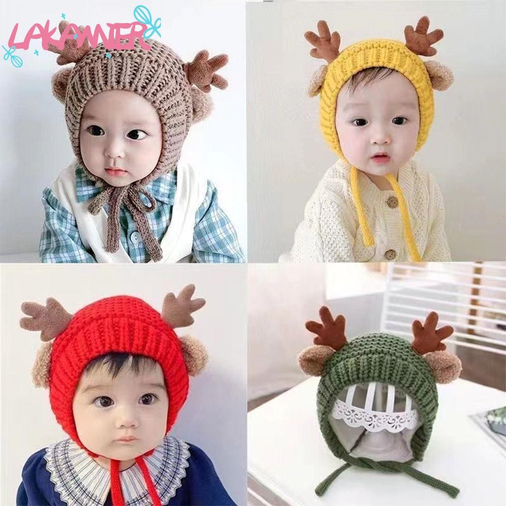 Lakamiergd หมวกบีนนี่เด็ก, กวางเอลก์เขากวางหูอบอุ่นหมวกถักเด็ก, การ์ตูนนุ่มตุ๊กตา 4-20 เดือนหมวกคริสต์มาสฤดูใบไม้ร่วงฤดูหนาว