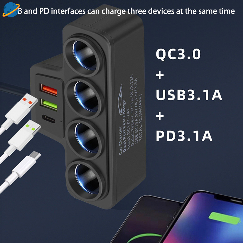 [CRD]4 In 1 QC3.0 USB Socket 120W ที่จุดบุหรี่ในรถยนต์ Splitter Fast Charger Plug อะแดปเตอร์แปลงไฟโทรศัพท์สําหรับรถยนต์