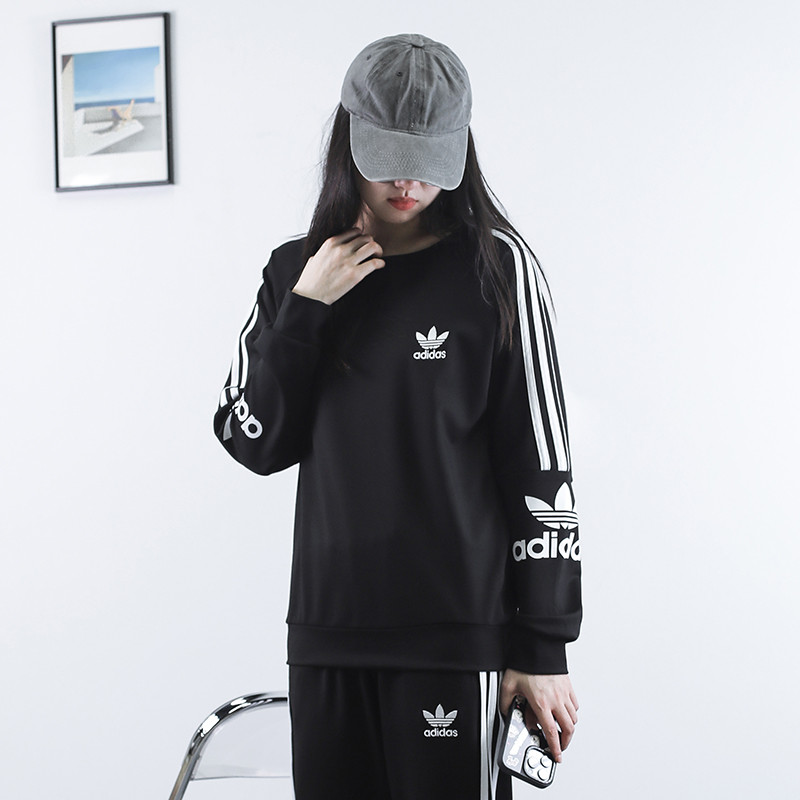 ปักโลโก้ Adidas Original Bottoming เสื้อคอลูกเรือเสื้อสเวตเตอร์คู่รักเสื้อสเวตเตอร์กีฬา