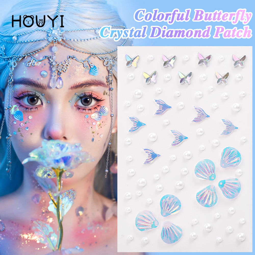 3d Shell สติกเกอร์เพชรผีเสื้อ - Mermaid Face สติ๊กเกอร์รอยสักชั่วคราว - DIY Body Art Stage แต่งหน้า Decor Rhinestones