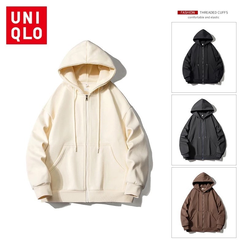 Uniqlo เสื้อแจ็กเก็ตกันหนาวลําลอง แขนยาว มีฮู้ด ทรงหลวม สไตล์อเมริกัน สําหรับผู้ชาย และผู้หญิง