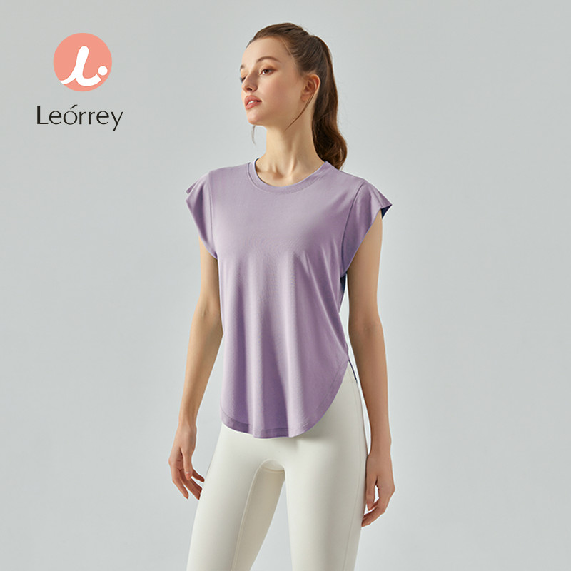 Leorrey-เสื้อยืดแขนสั้นโยคะ กีฬากลางแจ้ง พิลาทิส เสื้อหลวม ลำลอง