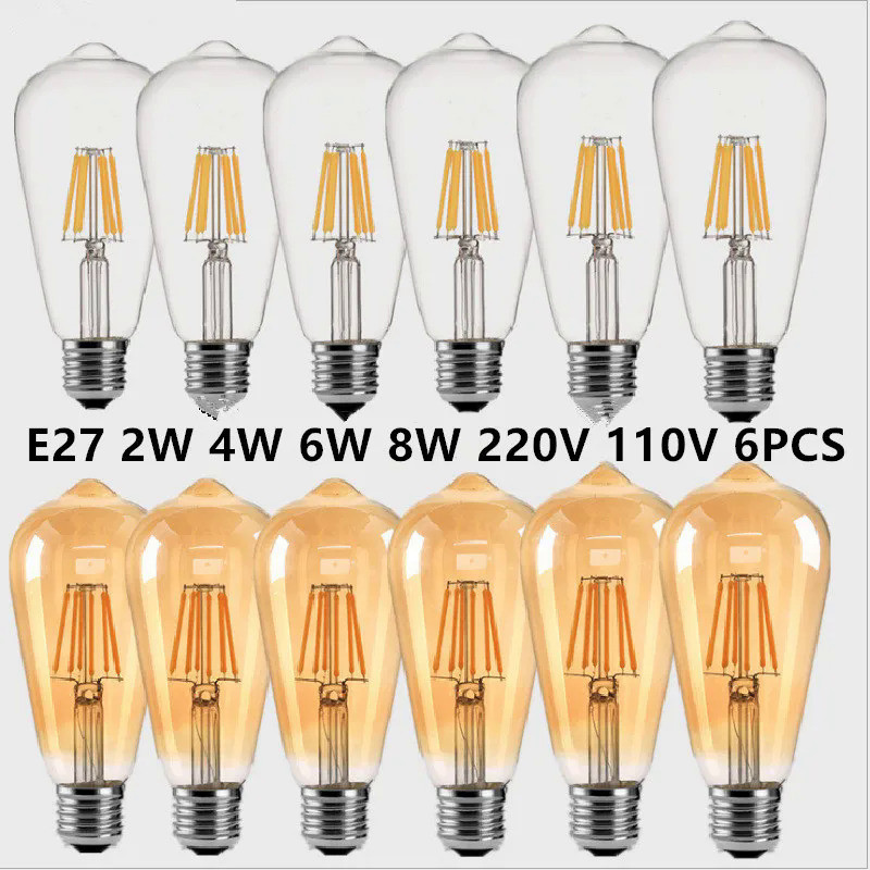 6PCS LED ST64 2W 4W 6W 8W DC 220V 110V Dimmable Gold Filament Bulb E27 B22 Light Vintage Edison Lamp