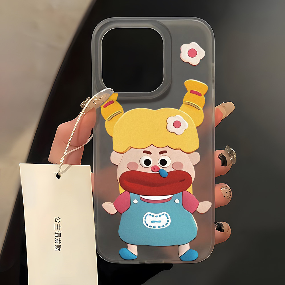 Cartoon เคสสีดำด้านสำหรับ iPhone 16 15 14 Pro MAX 11 12 13 Pro Case เคสโทรศัพท์มือถือนิ่ม แบบใส บางพิเศษ แต่งรูขนาดใหญ่